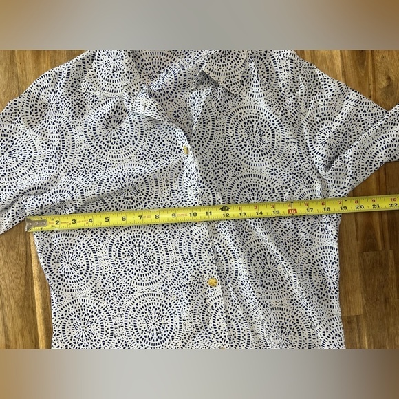 Lauren Gold 100% Silk White Button Down Shirt Dress Blue Geometric Print Size L - Picture 8 of 10